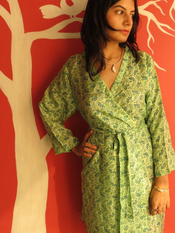 Silk Green Leafy Knee Length, Kimono Crossover Belted Robe