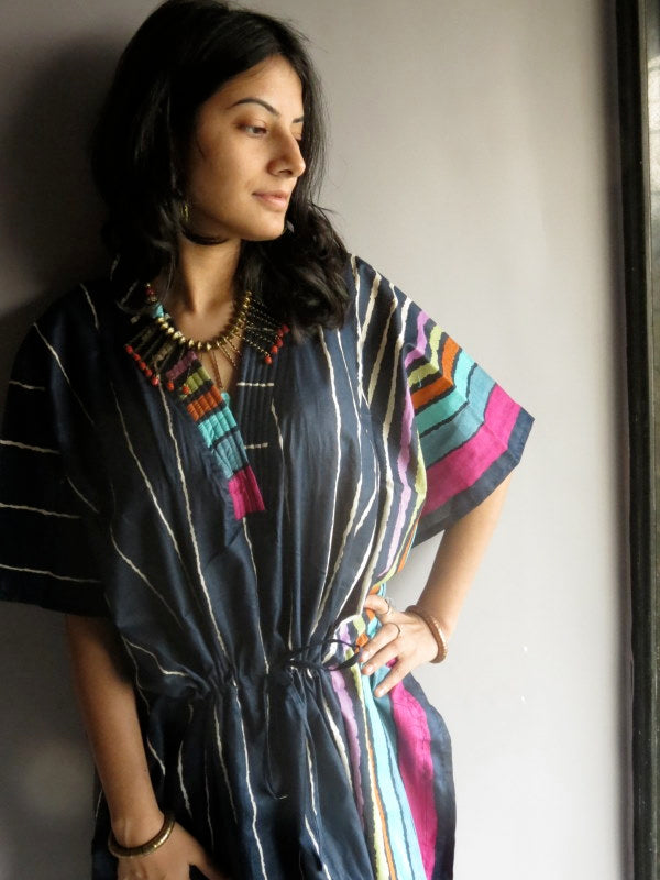 Dark Blue Stripes V-Neck, Knee Length, Cinched Waist Caftan