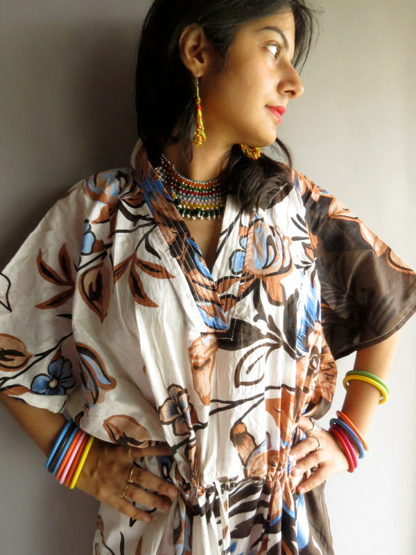 Ivory Peach Brown Floral V-Neck, Ankle Length, Cinched Waist Caftan-V2 fabric Code