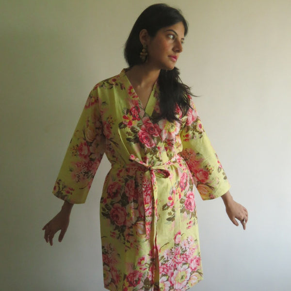Pastel Yellow Floral Knee Length, Kimono Crossover Belted Robe
