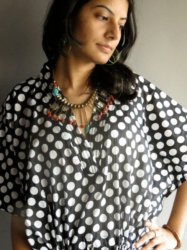 Black Polka Dots V-Neck, Ankle Length, Cinched Waist Caftan