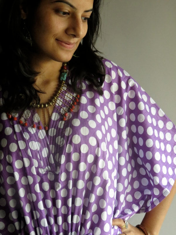 Lilac Polka Dots V-Neck, Ankle Length, Cinched Waist Caftan