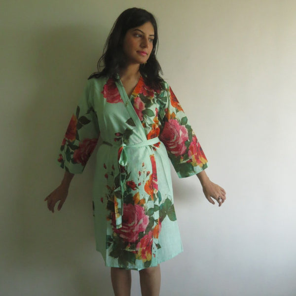 Mint Big Floral Knee Length, Kimono Crossover Belted Robe