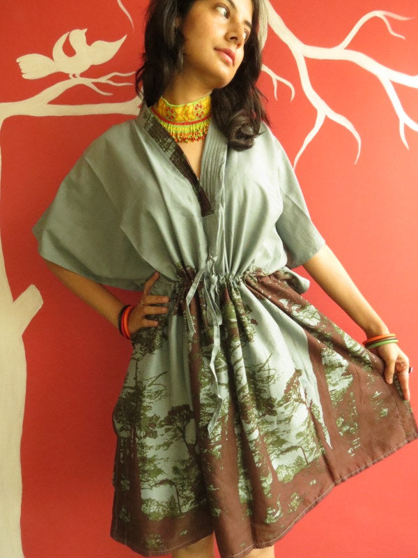 Gray Tree V-Neck, Knee Length, Cinched Waist Caftan-M1 fabric Code