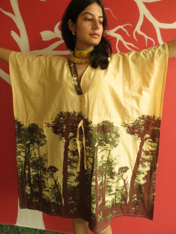 Yellow Tree of Life V-Neck, Knee Length, Cinched Waist Caftan