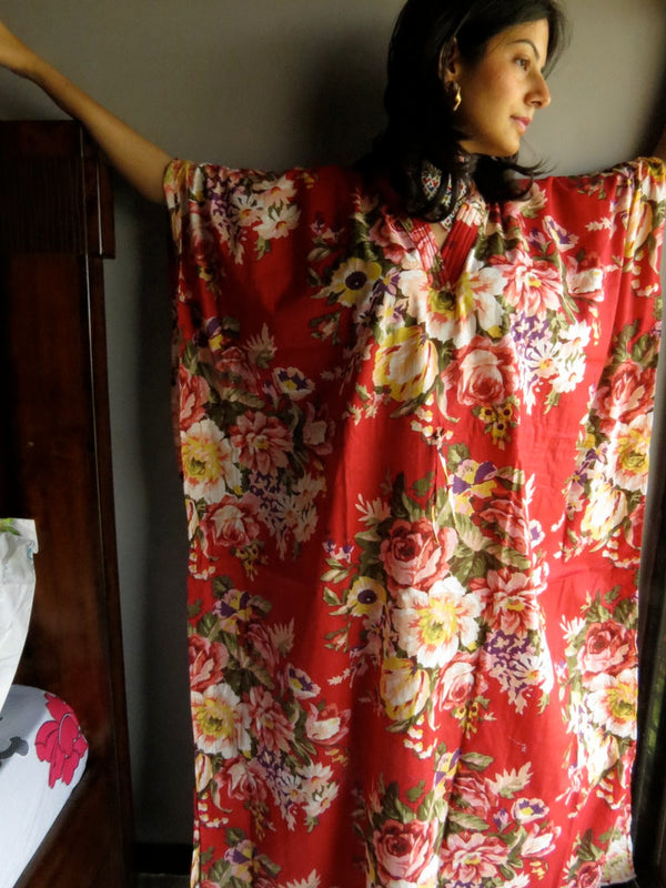 Red Floral Rosy Red Posy V-Neck, Ankle Length, Cinched Waist Caftan