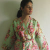 Mint Floral Knee Length, Kimono Crossover Belted Robe