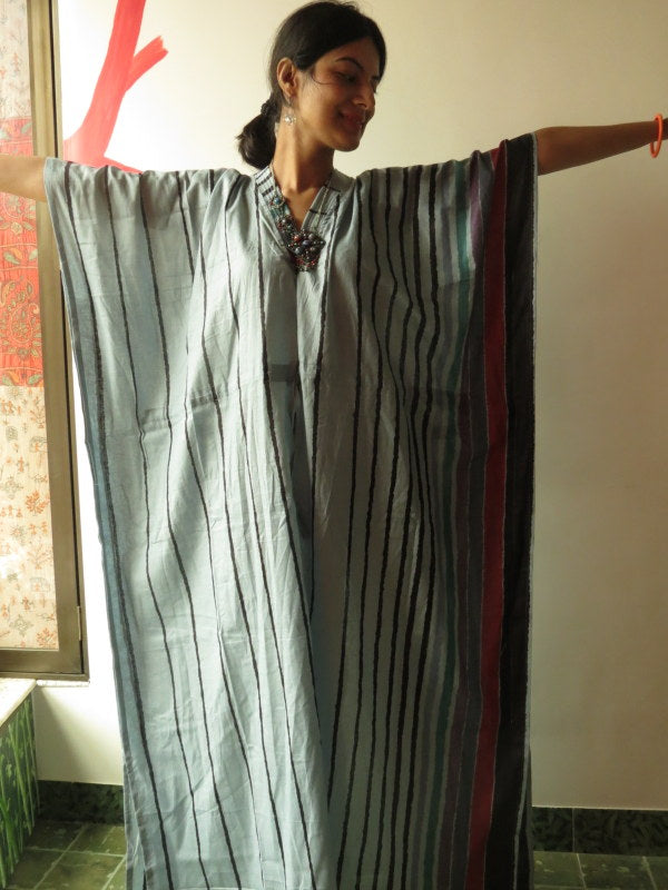 Gray Striped V-Neck, Ankle Length, Cinched Waist Caftan, Comfortable House Dress