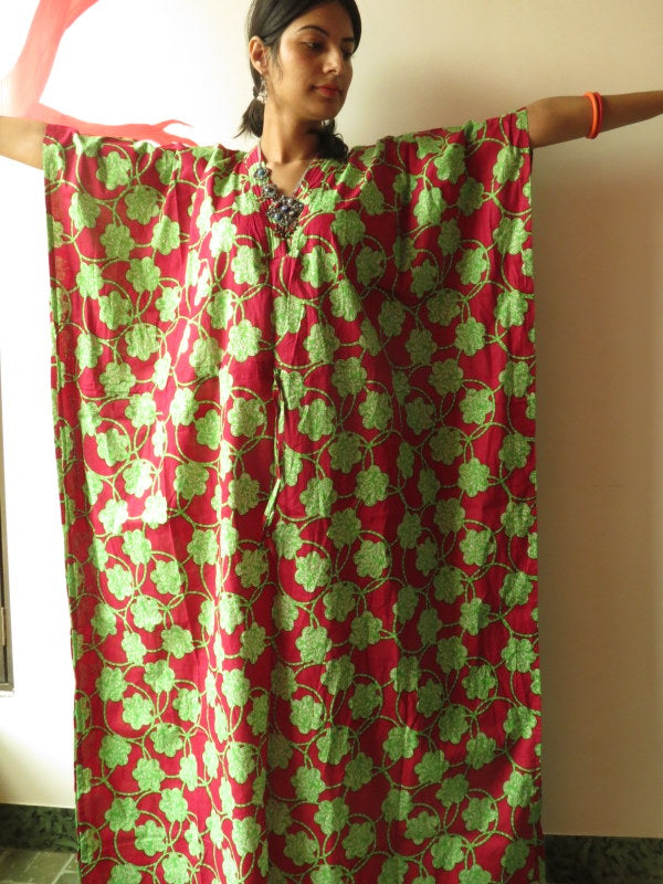 Magenta Green Spiral V-Neck, Ankle Length, Cinched Waist Caftan