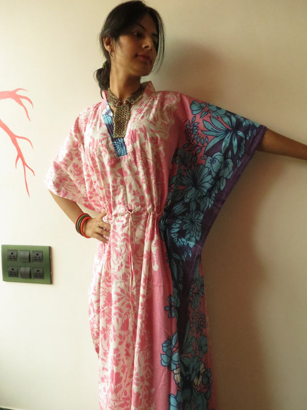 White Pink Leafy V-Neck, Ankle Length, Cinched Waist Caftan