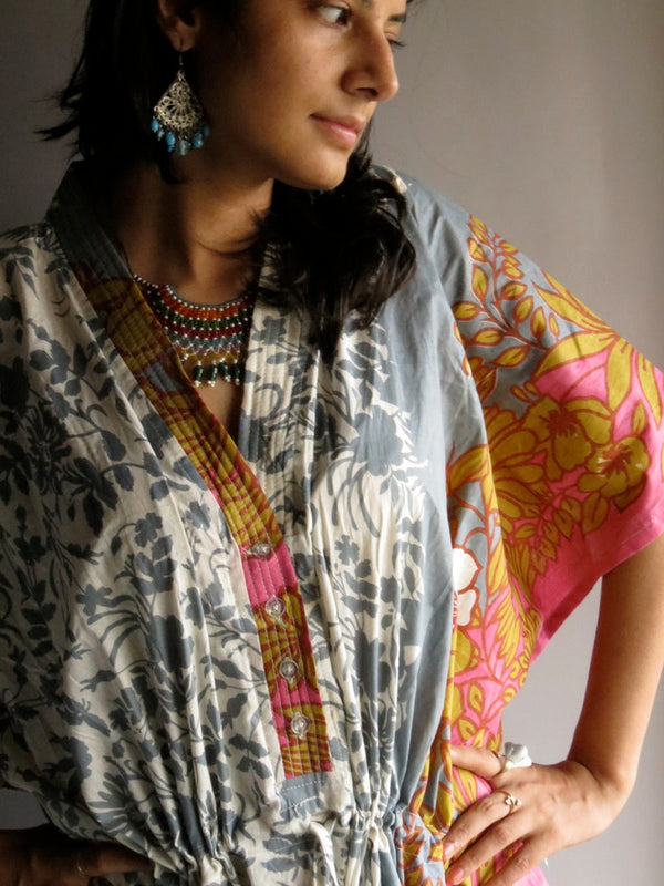 Gray Pink Leafy V-Neck Button Down to Waist, Ankle Length, Cinched Waist Caftan-F2 fabric Code