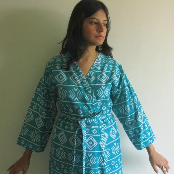 Teal Aztec Knee Length, Kimono Crossover Belted Robe
