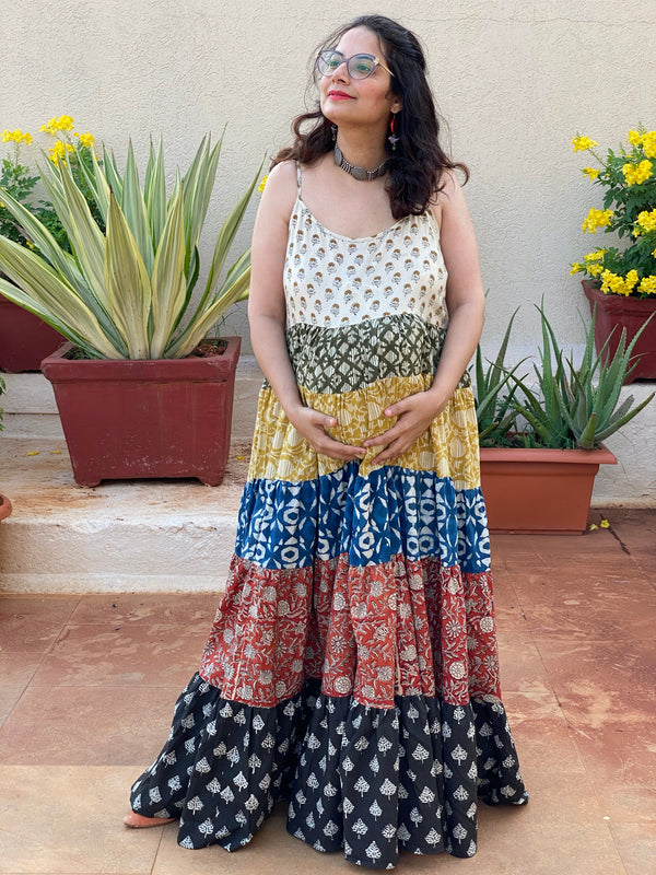 Mixed Patterns Hand-Block 5-Tier Spaghetti Maternity Dress