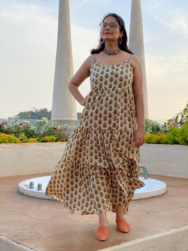 Spaghetti Ivory Gold Paisley Motif Hand-Block Printed Tiered Dress