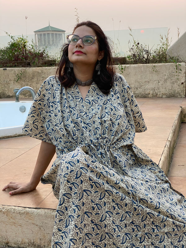 Ivory Blue Paisley Motif Hand Block Printed Caftan with V-Neck, Cinched Waist and Available in both Knee and Ankle Length