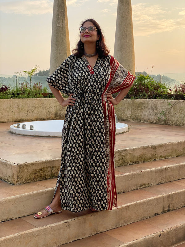 Black Red Bordered Hand Block Printed Caftan with V-Neck, Cinched Waist and Available in both Knee and Ankle Length