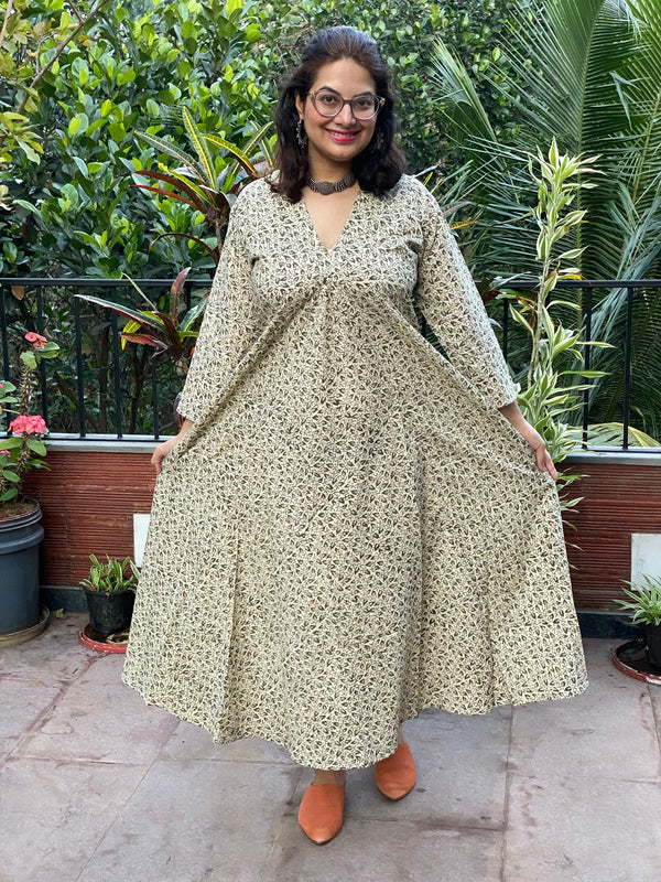 Ivory Green Teeny Tiny Leafy Motif Hand-Blocked Free Flow Dress | Available in both Knee and Ankle Length