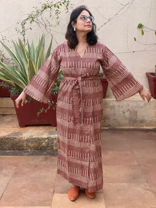 Red Geometric Motif Hand-Block Printed Kimono Robe | Available in both Knee and Ankle Length
