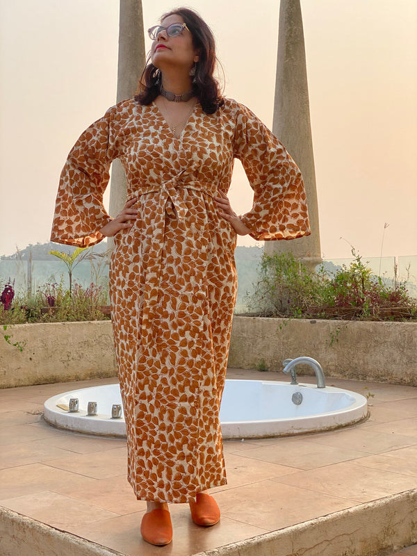 Mustard Leafy Motif Hand-Block Printed Kimono Robe | Available in both Knee and Ankle Length