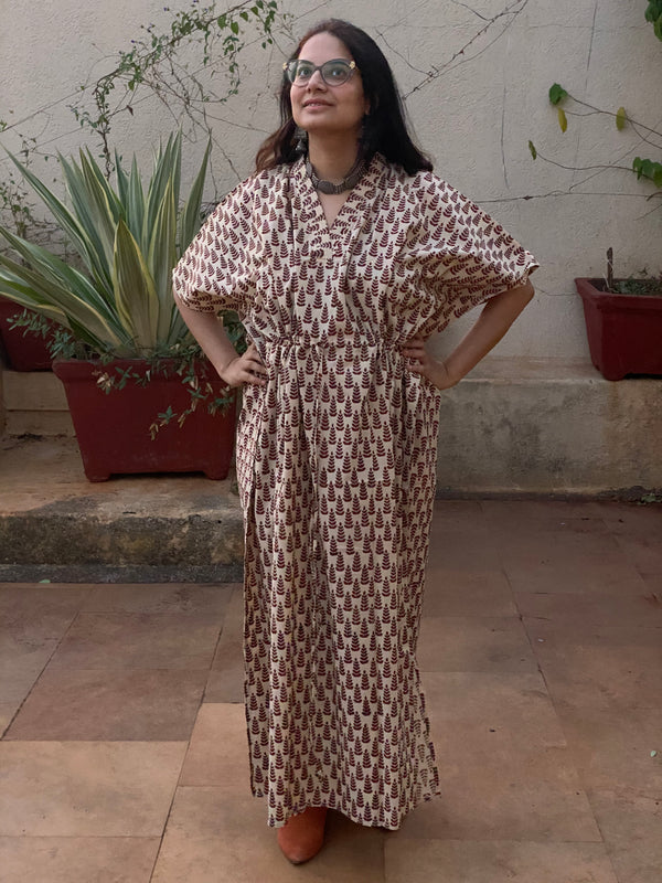 Cream Red Tiny Tree Motif Hand Block Printed Caftan with V-Neck, Cinched Waist and Available in both Knee and Ankle Length