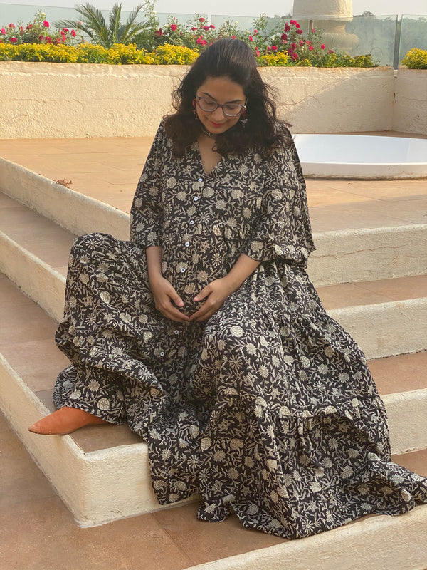 Black Floral Motif Hand-Block Tiered Maternity Dress