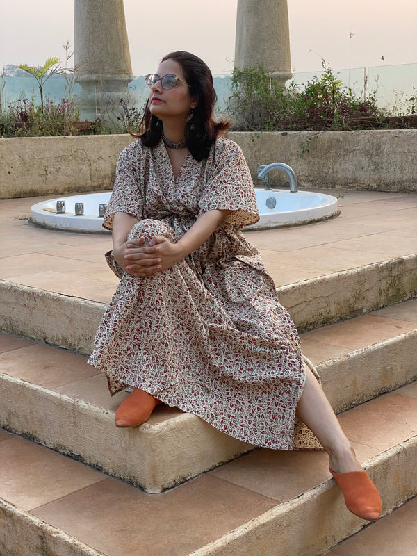 Ivory with Red leafy Motif Hand-Blocked Caftan with V-Neck, Cinched Waist and Available in both Knee and Ankle Length