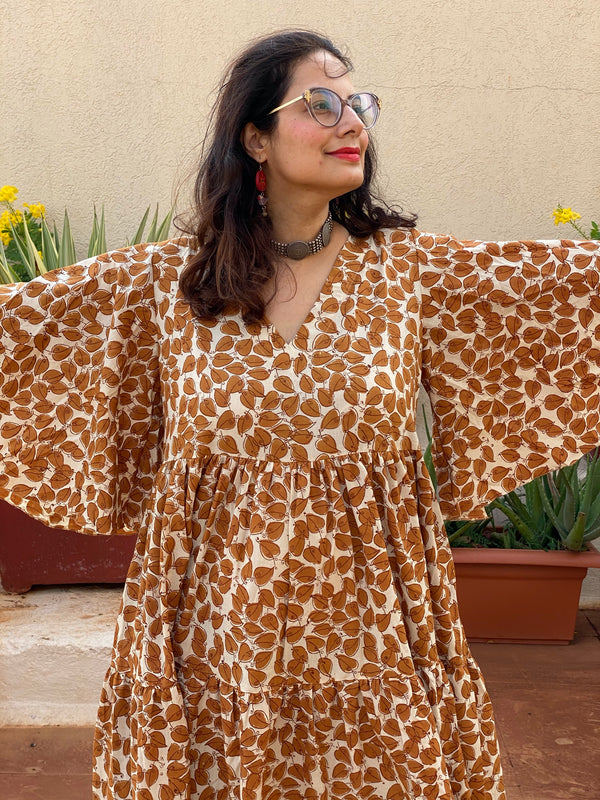 Ivory Mustard Leafy Motif Hand-Block Tiered Dress