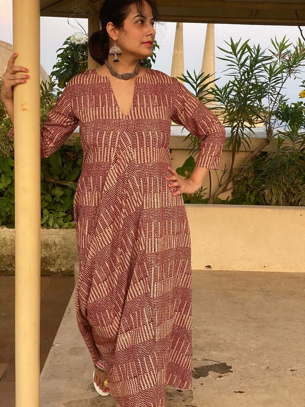 Red Geometric Motif Hand-Blocked Free Flow Dress | Available in both Knee and Ankle Length