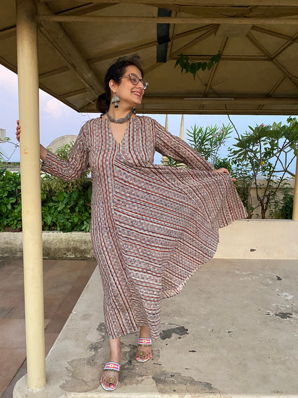 Red Blue Geometric Motif Hand-Blocked Free Flow Dress | Available in both Knee and Ankle Length