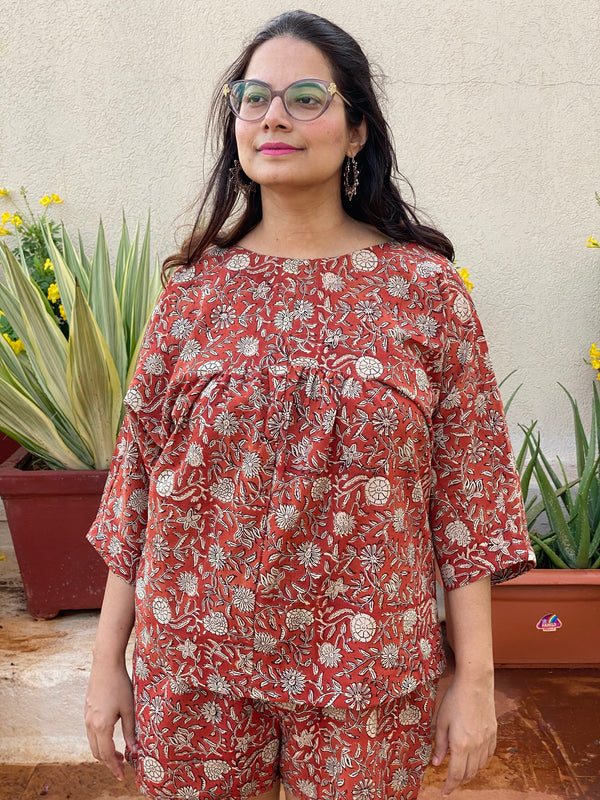 Red Floral Motif Hand Block Printed Pjs | Organic Cotton Pajama Set | Available in both shorts and pants style