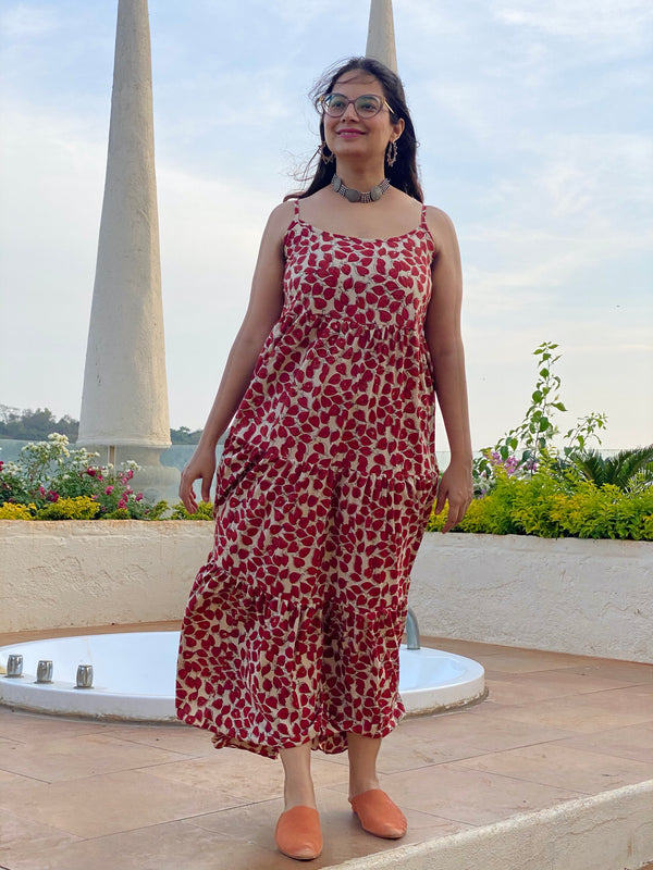 Spaghetti Red Leafy Motif Hand-Block Printed Tiered Dress