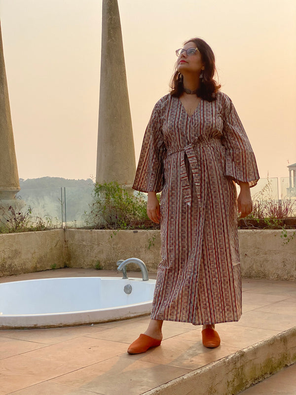 Blue Red Geometric Motif Hand Block Printed Kimono Robe | Available in both Knee and Ankle Length