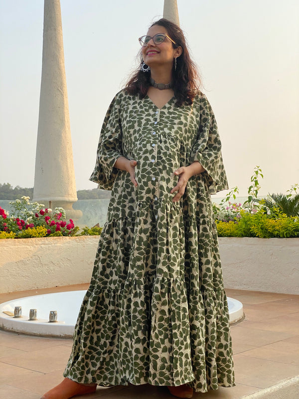 Ivory Green Leafy Motif Hand-Block Tiered Maternity Dress