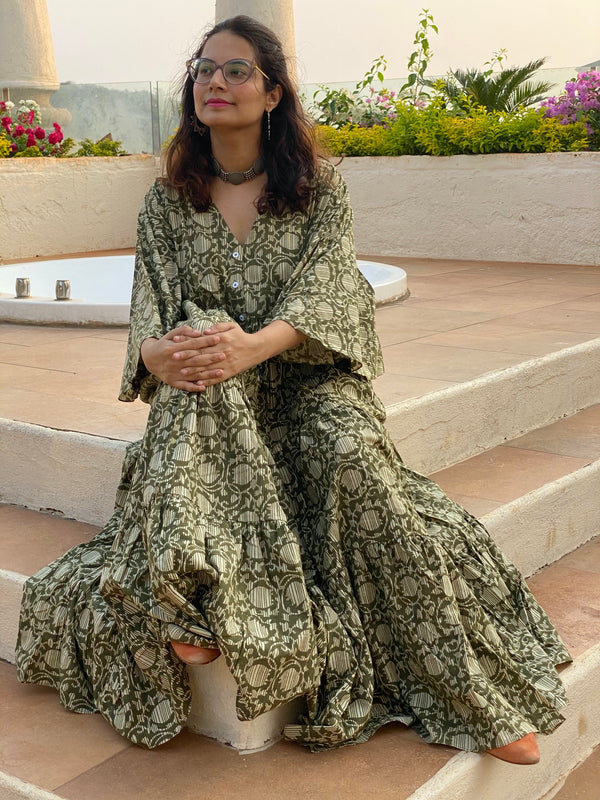 Green Lotus Motif Hand-Block Printed Tiered Dress