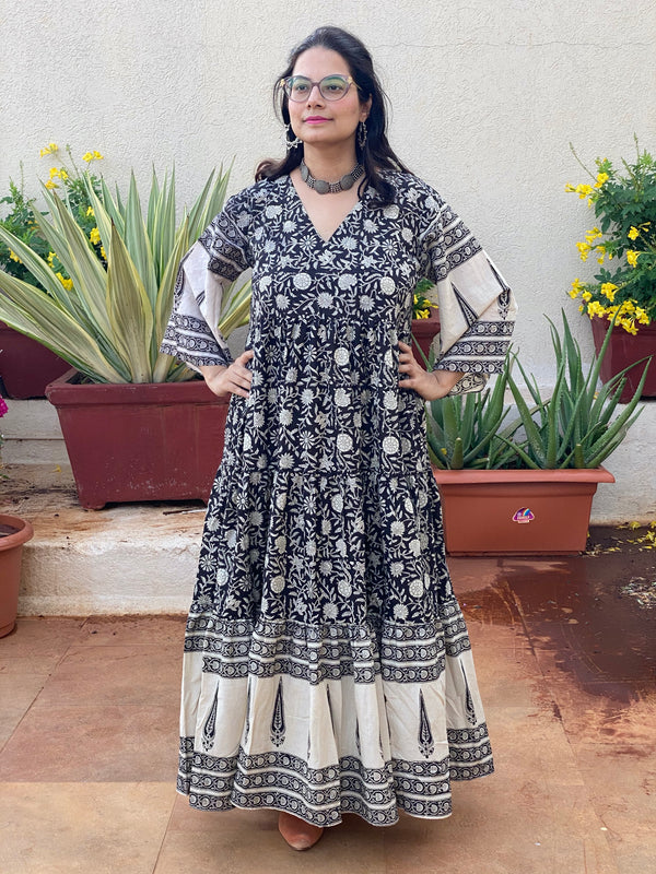 Black Floral Bordered Hand-Block Tiered Dress