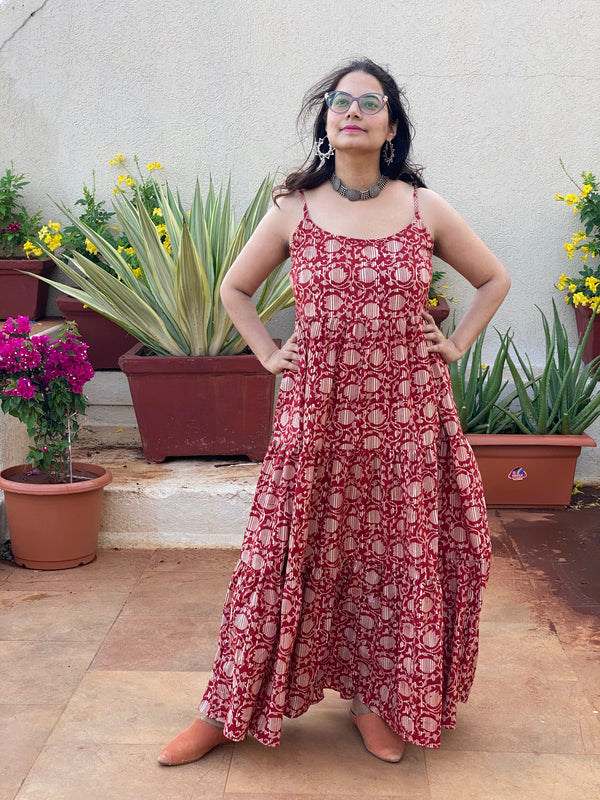 Spaghetti Red Lotus Motif Hand-Block Printed Tiered Dress