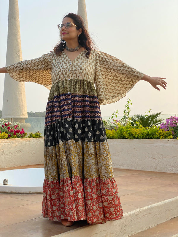 Mixed Colors Hand Block Printed Front Buttoned 5 Tiered Dress