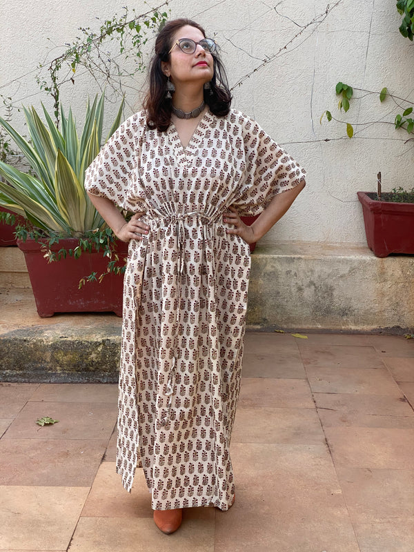 Cream Red Floral Motif Hand-Blocked Kaftan with V-Neck, Cinched Waist and Available in both Knee and Ankle Length