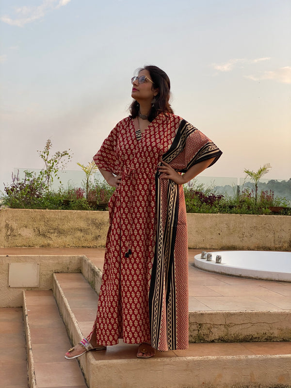 Red Black Bordered Hand Block Printed Caftan with V-Neck, Cinched Waist and Available in both Knee and Ankle Length