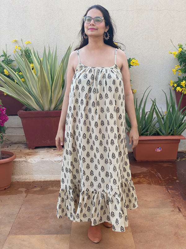 Ivory Black Floral Motif Hand Block Printed Organic Cotton Spaghetti Night gown