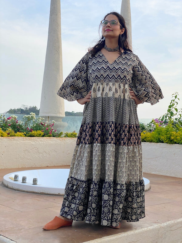 Black Ivory Mixed Hand Block Printed 5 Tiered Dress