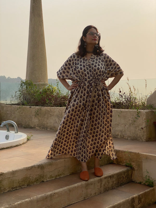 Ivory Blue Paisley Motif Hand Block Printed Caftan with V-Neck, Cinched Waist and Available in both Knee and Ankle Length