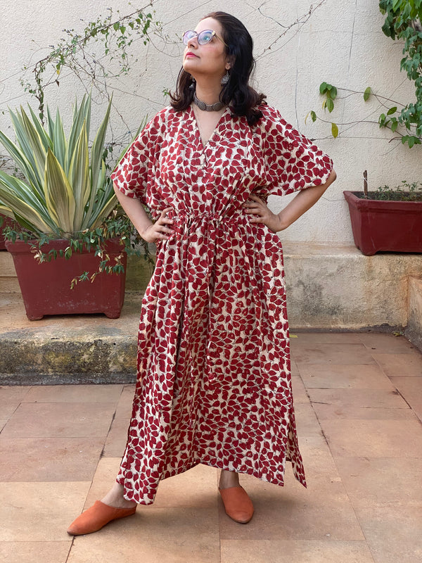 Ivory Red Leafy Motif Hand-Blocked Kaftan with V-Neck, Cinched Waist and Available in both Knee and Ankle Length