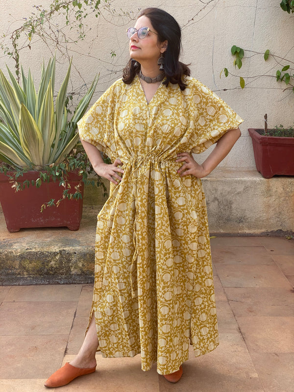 Mustard Lotus Motif Hand Block Printed Caftan with V-Neck, Cinched Waist and Available in both Knee and Ankle Length