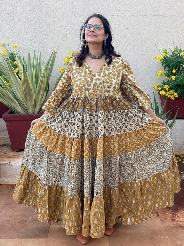 Mustard Gold and Ivory Mix 5 Tiered Dress in Hand-Block Print