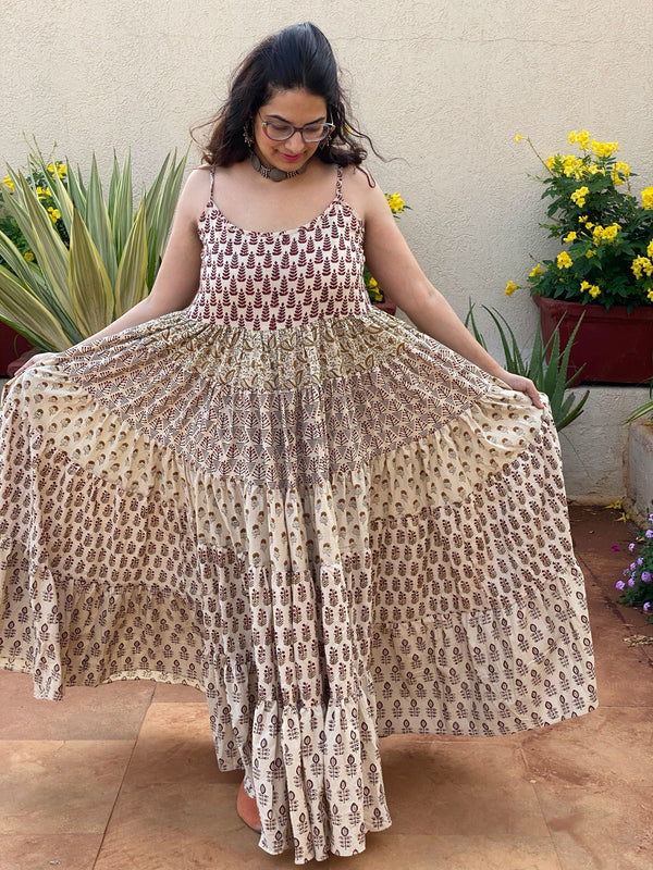 Ivory Mixed Patterns Hand Block Printed 5 Tiered Spaghetti Dress