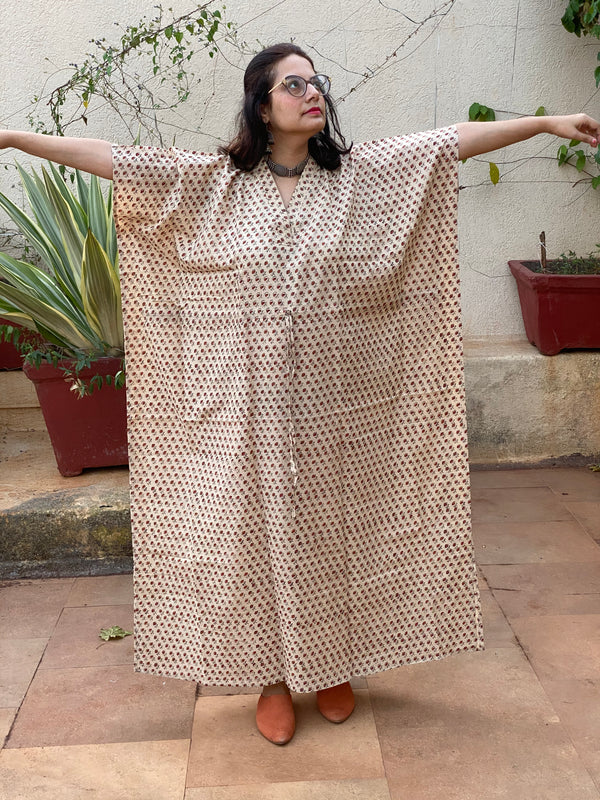 Ivory Red Teeny Tiny Flowers Motif Hand Block Printed Caftan with V-Neck, Cinched Waist and Available in both Knee and Ankle Length