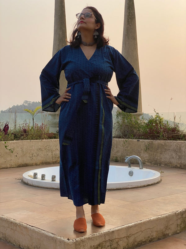 Indigo Blue Geometric Motif Hand Block Printed Kimono Robe | Available in both Knee and Ankle Length