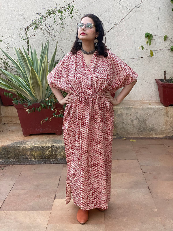 Red Triangle Motif Bordered Hand Block Printed Caftan with V-Neck, Cinched Waist and Available in both Knee and Ankle Length