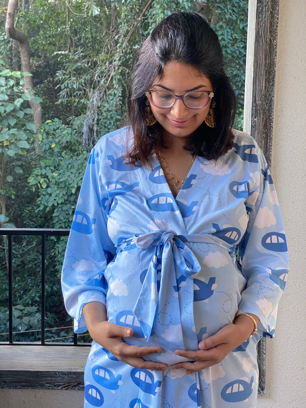 Aero Aero Airplanes Maternity Robe | Softest Jersey Knit Organic Cotton | Nursing Gown | Delivery Robe